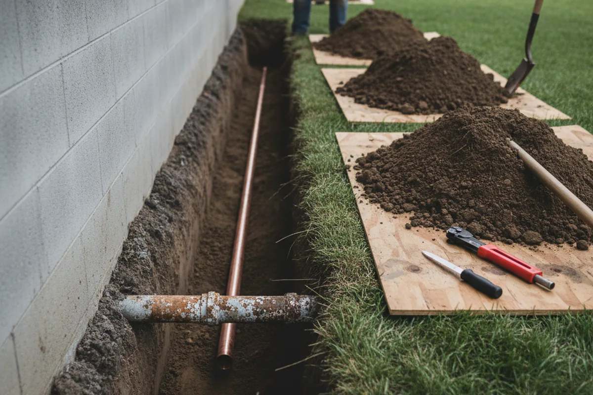 Excavated water line trench during Sewer Line Repair in Simpsonville